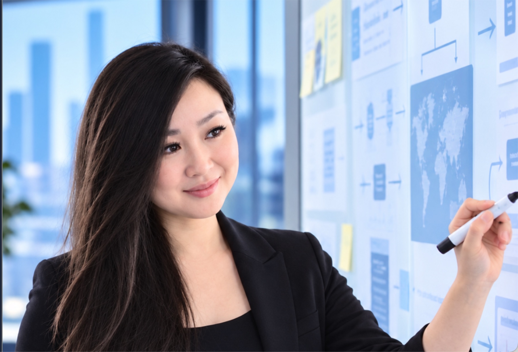Xin Liu working at a wall of design concepts